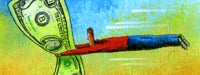 A cartoon man in red being pulled in the air by a large dollar bill with a blue and yellow background 