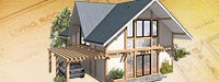 A drawing of a house with large windows, wood a car in the drive way and a couple trees on top of a set of house plans