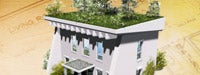 A small modern looking home with a rooftop with foliage and trees on top of a set of house plans