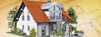 A white house with large windows, a brown roof and trees surrounding it on top of house plans