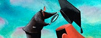 A cartoon man in a suit lifting up the graduation cap on a large cartoon head and looking inside with a magnifying glass and a blue/purple background 