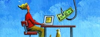 A cartoon woman in red sitting at her computer with her cat underneath her desk and a large fishing hook hanging down with a dollar bill on the hook