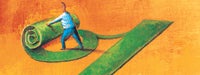 A cartoon man in blue unrolling a green percentage sign with an orange background