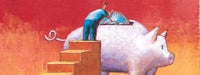 A cartoon man on stairs placing a large coin in a piggy bank with a reddish/orange background