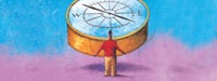 A cartoon man in red carrying a large compass with a blue and purple background