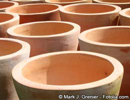 Outdoor furniture clay pots and some blooming plants text