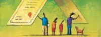 A cartoon family in colorful clothing with their dog holding up large pieces of paper