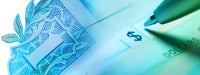 pen writing a check and the corner of a $1 bill