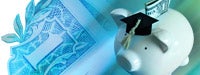 A piggy bank with a graduation cap with a one dollar bill in the background