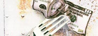 A ten dollar bill being poked with a silver fork and a dirty white background