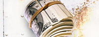 A big, fat roll of money and a dirty white background