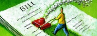 A cartoon man in yellow with a red lawnmower mowing a large piece of paper reading, "BILL" 