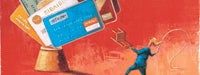 A cartoon woman in blue with a whip and a chair trying to tame a bunch of colorful credit cards
