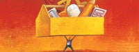 A small cartoon man holding a large yellow tool box above his head with a calculator, a large pencil and some letters inside with a red and orange background