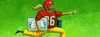 A cartoon woman in a football uniform and helmet with her left hand out in a stop motion and carrying a large social security card with a green background