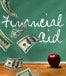 A desk with an apple, money floating and Financial Aid written on the board