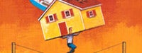 A cartoon man on a tightrope carrying a yellow and red house over his head and a orange and red background