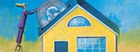 A cartoon woman in purple with gray hair putting a large coin in a hole in the roof a yellow house with a blue/yellow background