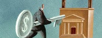 A cartoon man carrying a large key walking towards a bronze building and a blue background