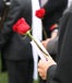 Man holding red rose at funeral