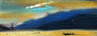 A blurry painting of a sunset on the water with a ship and mountains