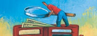 A cartoon guy in red with a magnifying glass looking into a large wallet with money and credit cards showing and a blue and yellow background