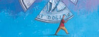 A cartoon guy in red carrying a large piece of a coin and a blue background