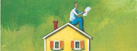 A cartoon man in blue sitting on a yellow and orange house looking at a paper with a green background
