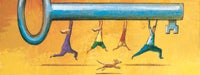 A cartoon family and their dog carrying a large silver key while running and a yellow background 