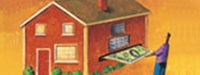 A cartoon man in purple pulling a large piece of money out of an orange and red house with a yellow background