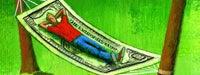 A cartoon man in red lounging in a hammock made of a 100 dollar bill