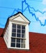 House's dormer windows at angle with blue chart in the sky
