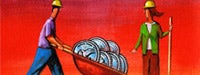 A cartoon man and woman in purple and green with hard hats on and a red wheelbarrow full of coins with a red background