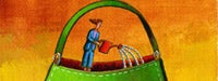 A cartoon woman in blue with a red watering can inside a large green purse and a yellow/orange background