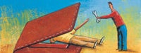 A cartoon man in red handing a wrench to a cartoon man in yellow laying down inside a wallet with a blue and yellow background