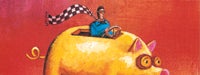 A cartoon man in blue with a scarf, a helmet and googles on driving a yellow piggy bank and a red background