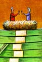 A senior couple sitting on a nest on stacks of money