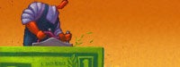A large cartoon man sanding a large dollar bill with an orange background