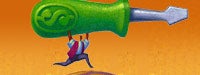 a small cartoon man carrying a large green screwdriver 