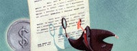 A cartoon man reading a large piece of paper with a magnifying glass and a large coin with a "$" on it and a blue background