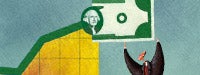 Forms & chartsA chart showing increases with yellow and green, and a cartoon man holding a large dollar bill at the top and a blue background