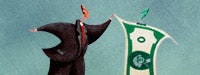 A cartoon man giving a high five to a cartoon man dresses as a dollar bill and a blue background