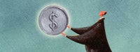 A cartoon man holding a large coin with a "$" on it and a blue background