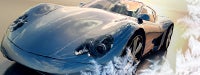 An ice blue convertible car with a light blue background with ice in the corner