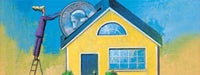 A cartoon woman on a ladder putting a large coin into the roof of a yellow and blue house with and blue and yellow background